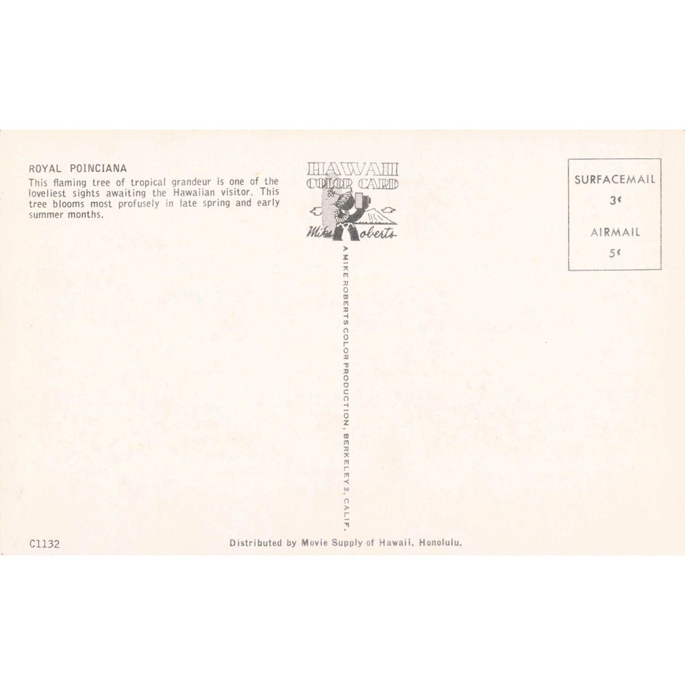 Vtg Hawaii Color Card Royal Poinciana Flaming Tree Postcard C1132 Mike Robert - Picture 2 of 2